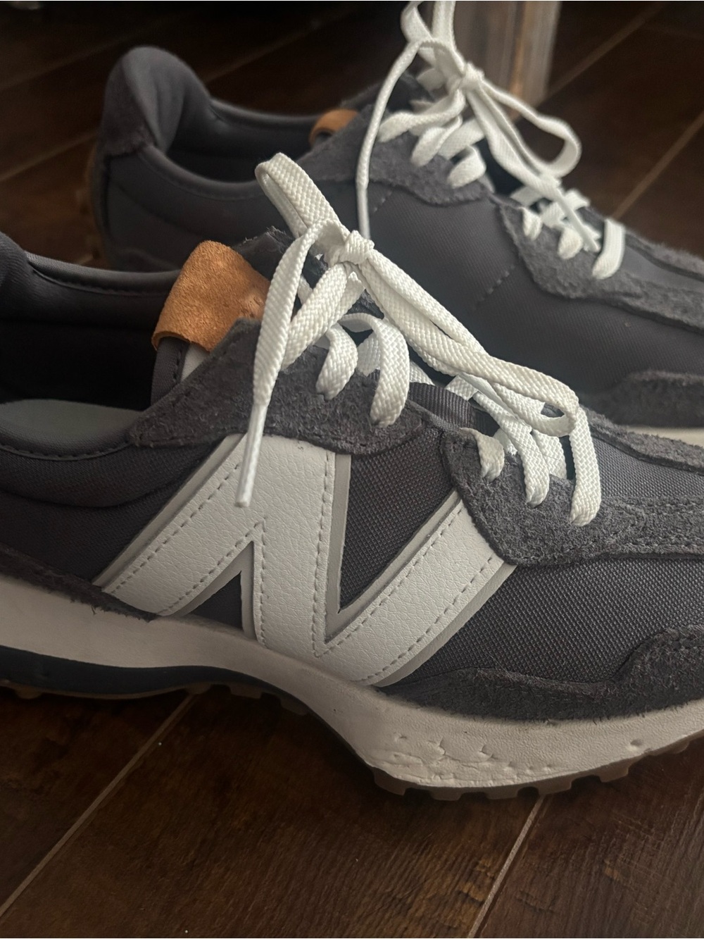 New Balance charcoal, White and Tan sneakers